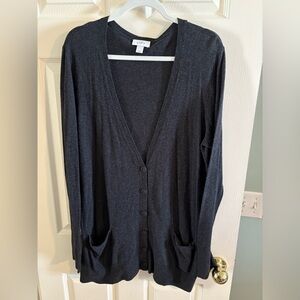 LOFT Heathered Charcoal Lightweight V-Neck Button Front Cardigan
